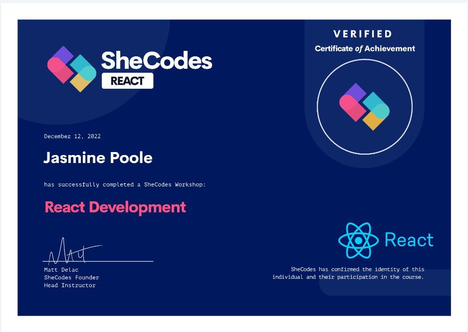 SheCodes React Development Certificate